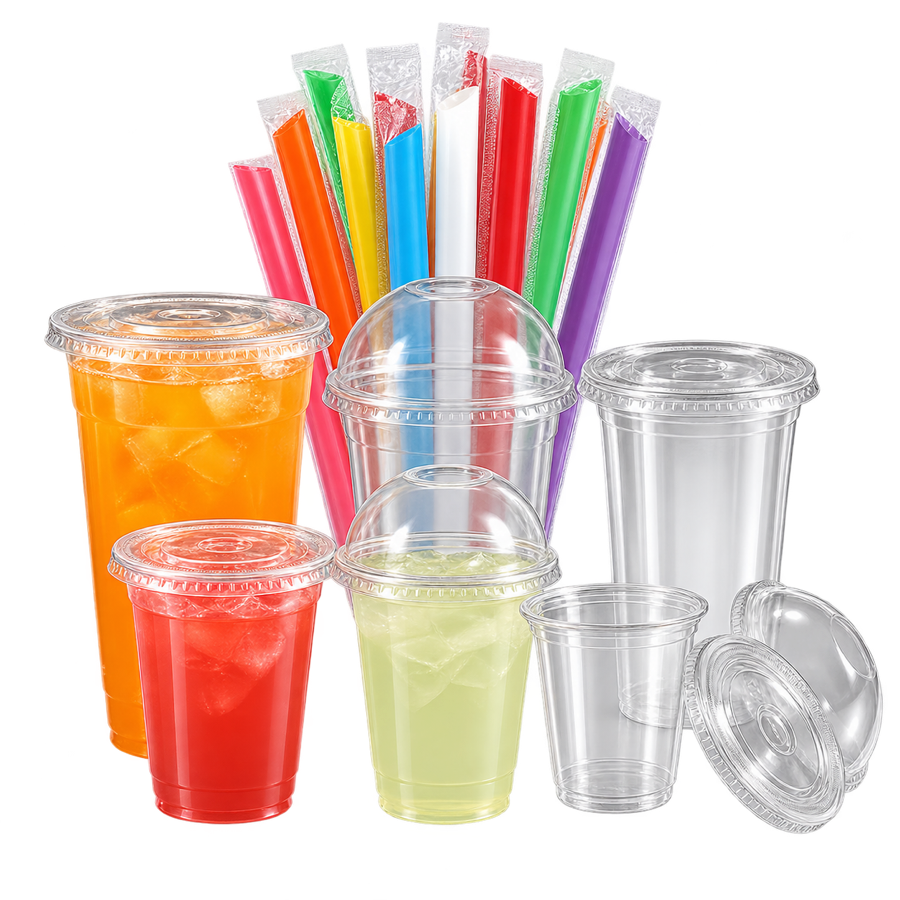 BAYPLUS disposable drinkingware with clear PET cups, flat and dome lids, colorful beverages and wrapped straws