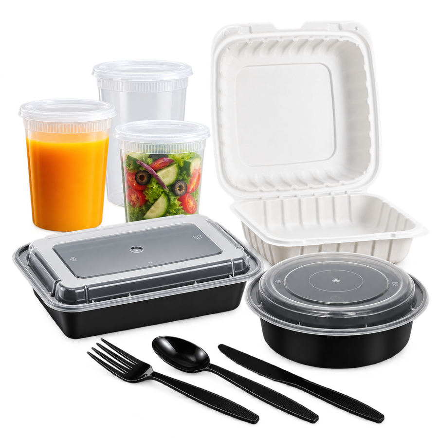 BAYPLUS food containers, deli cups, clamshells and disposable cutlery assortment
